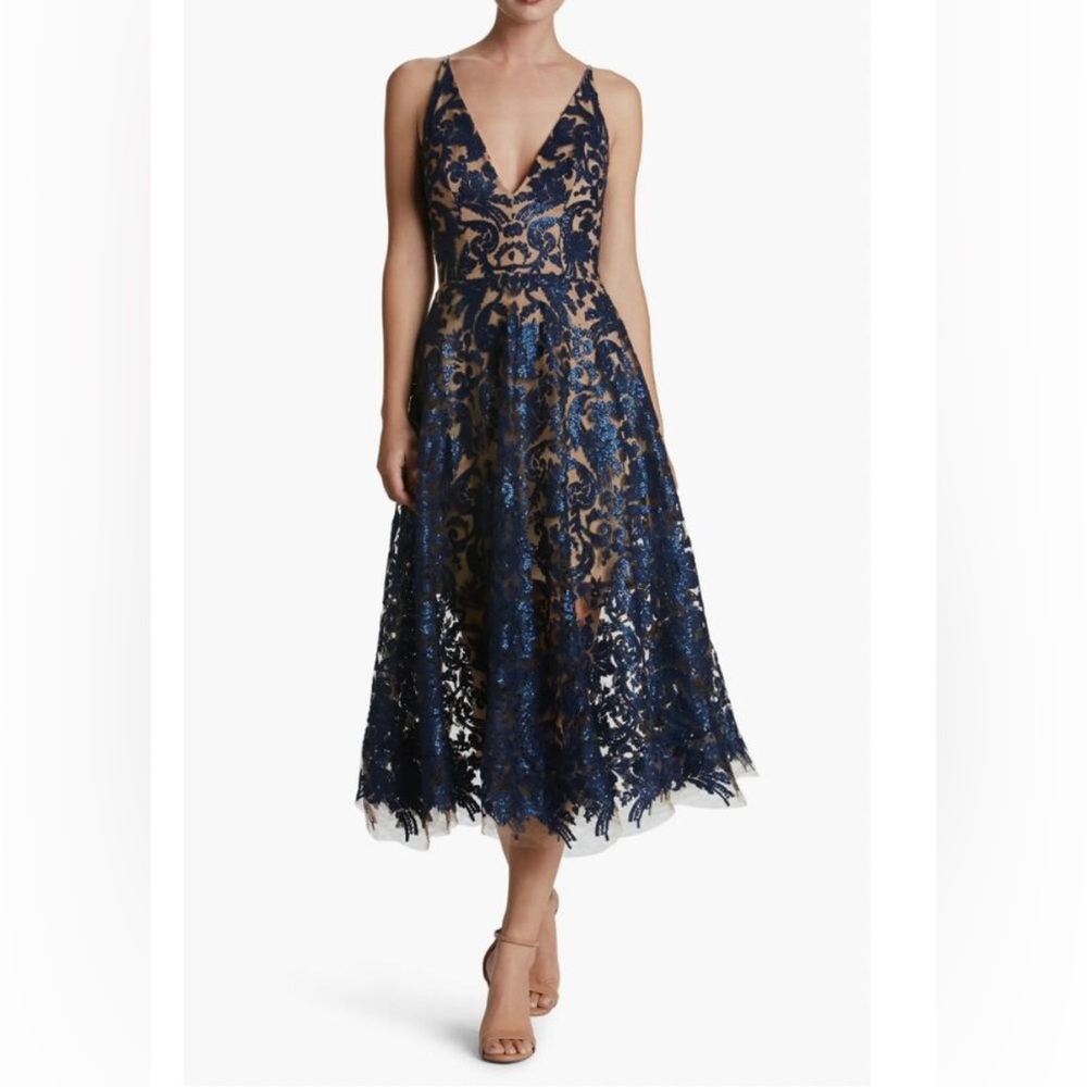 Dress the Population Nude Navy Midi Cocktail Floral Lace Fit & Flare Dress Small